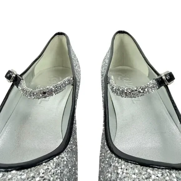 Chanel Glitter Patent Leather Cap Toe Mary Jane Pumps Silver Size 39.5 - Picture 6 of 12